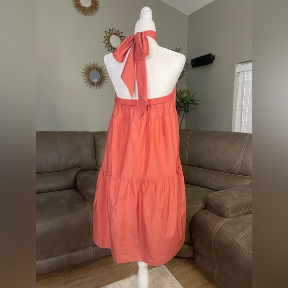 NWT Theory Tech Lawn Halter Tier Mini Dress in Pink Coral Sz M Fall Fashion Chic - Picture 7 of 11